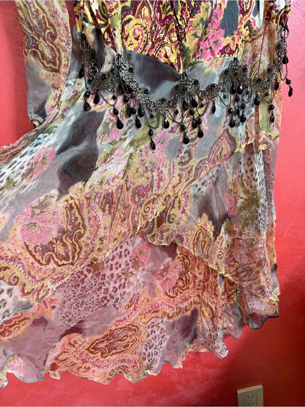Multi-Color Floral Silk Wrap Tunic with Flowing Sleeves - Picture 4 of 8